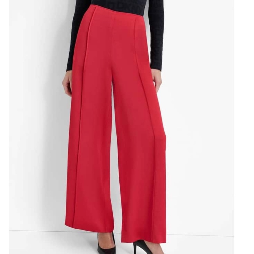 DKNY Red Satin Wide-Leg Pintuck Pants NWT Size 14 Statement Trousers